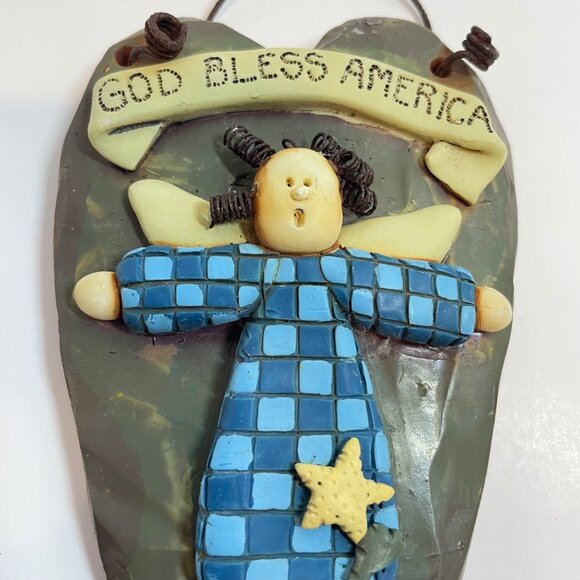 God Bless America Heart-Shaped Hanging Plaque with Angel Design 8" Tall - Picture 4 of 6